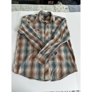 American Rag Cie Mens XL Pearl Snap Shirt Brown Blue Plaid Western Long Sleeve